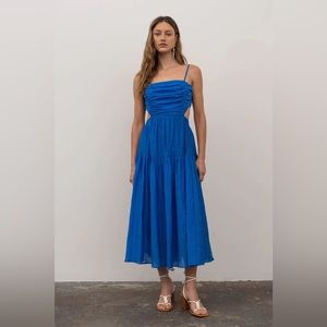 Shirred Tiered Cutout Back Tie Midi Dress from Moon River size large.